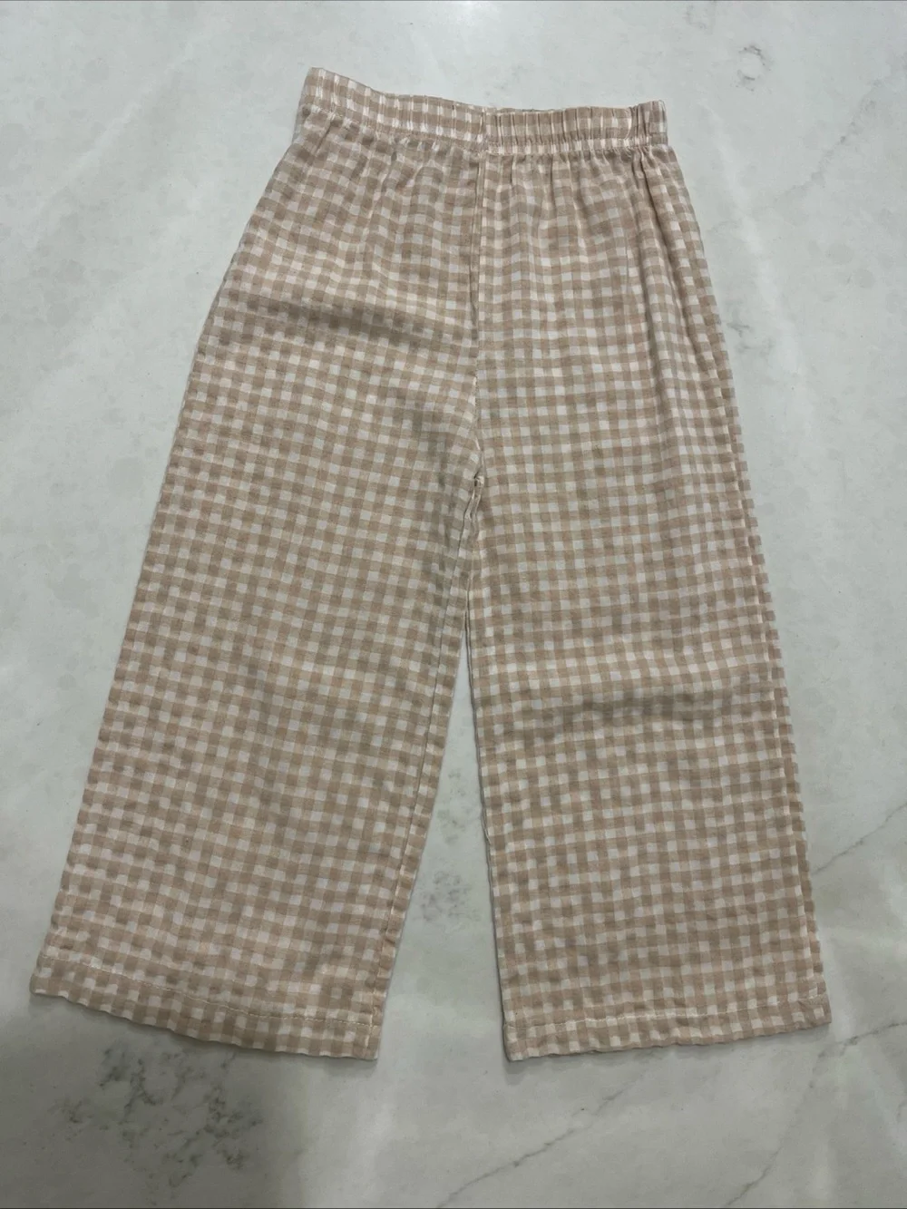 Girls Beige Gingham Set - Smocked Top & Wide-Leg Pants